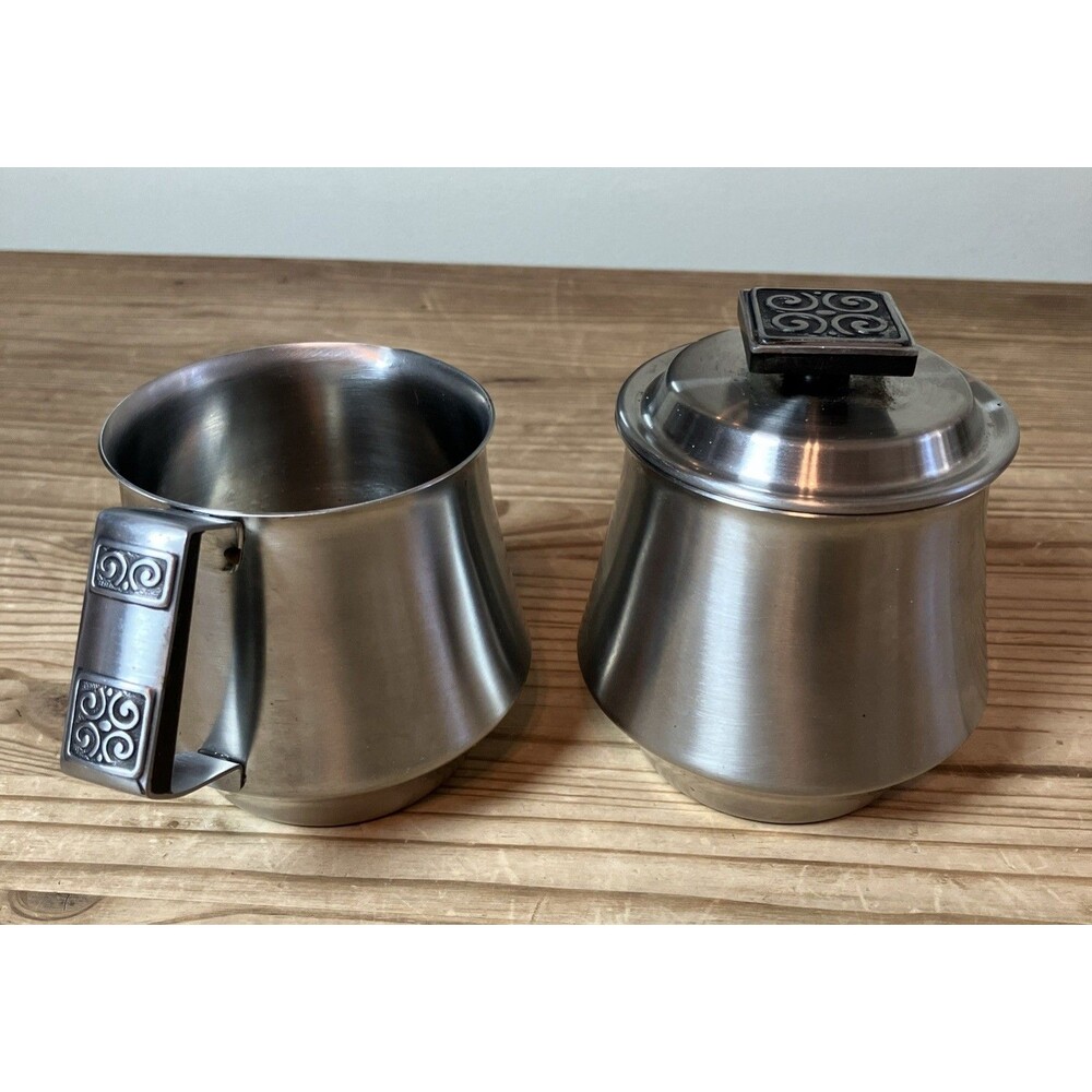 VTG 1960s Rogers Insilco Fashion Stainless Steel Creamer Lidded Sugar Set Japan
